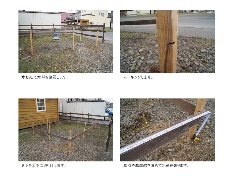 基礎の水盛りして水平を確認し、杭に印を付けて、ヌキで杭同士を連結します。