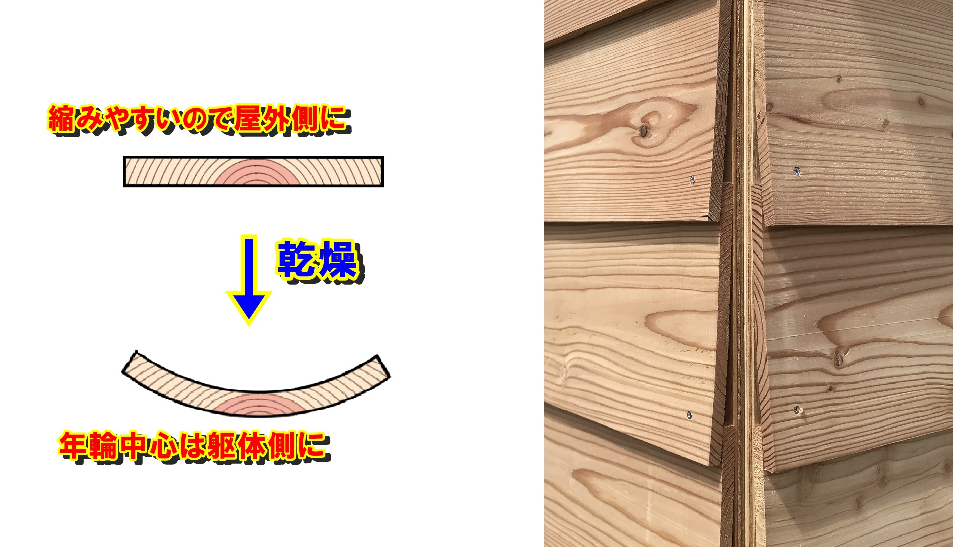 外壁板は年輪外側を屋外に面するように取り付けます。